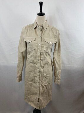 Gestuz Snap Front Shirt Dress 34 Khaki Beige US 2 Long Sleeve